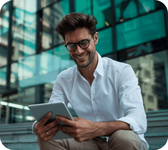 Man happy with tablet - Testimonial photo