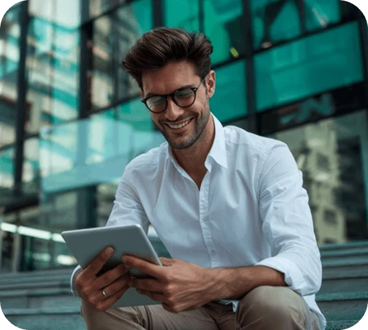 Man happy with tablet - Testimonial photo